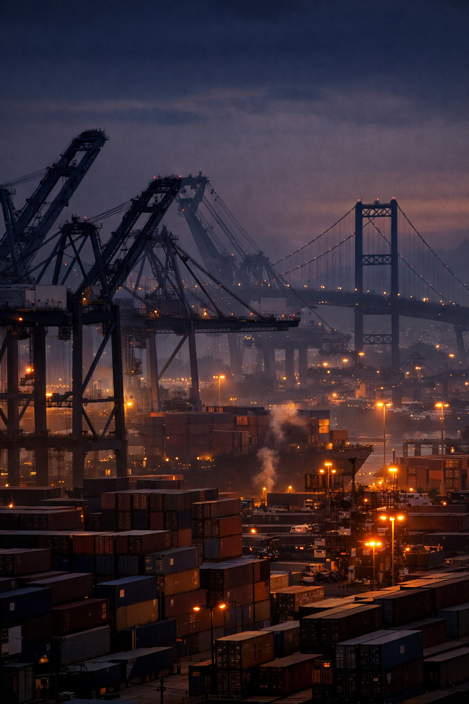 Industrial cranes and shipping containers at the Port of Los Angeles representing trans-Pacific trade.
