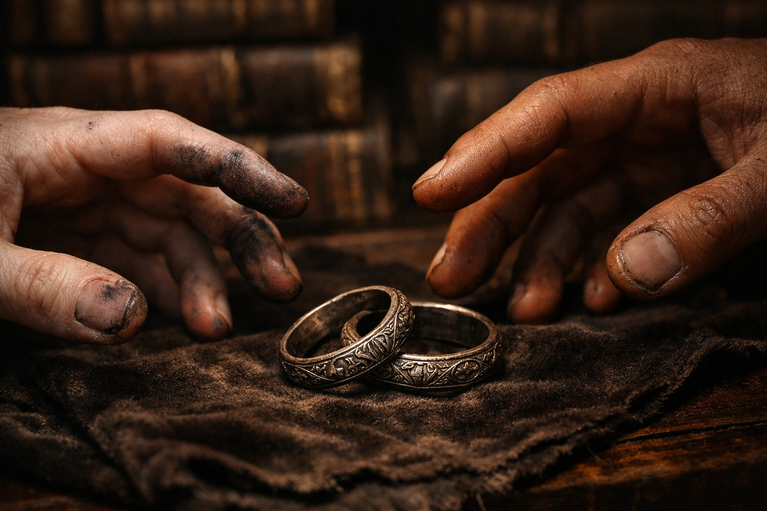 Two men's hands reaching for the forbidden silver rings in a Vatican archive mystery.