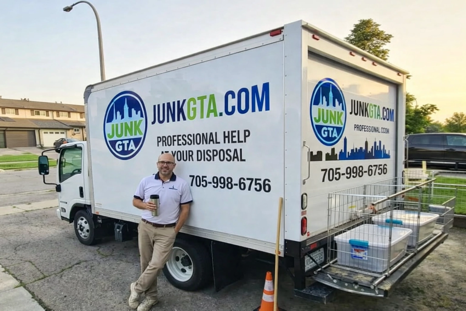 Reliable Junk Removal Simcoe County: Keeping Our Community Clean Junk GTA team member stands beside a branded junk removal truck, ready for a scheduled junk pickup in a residential neighborhood.