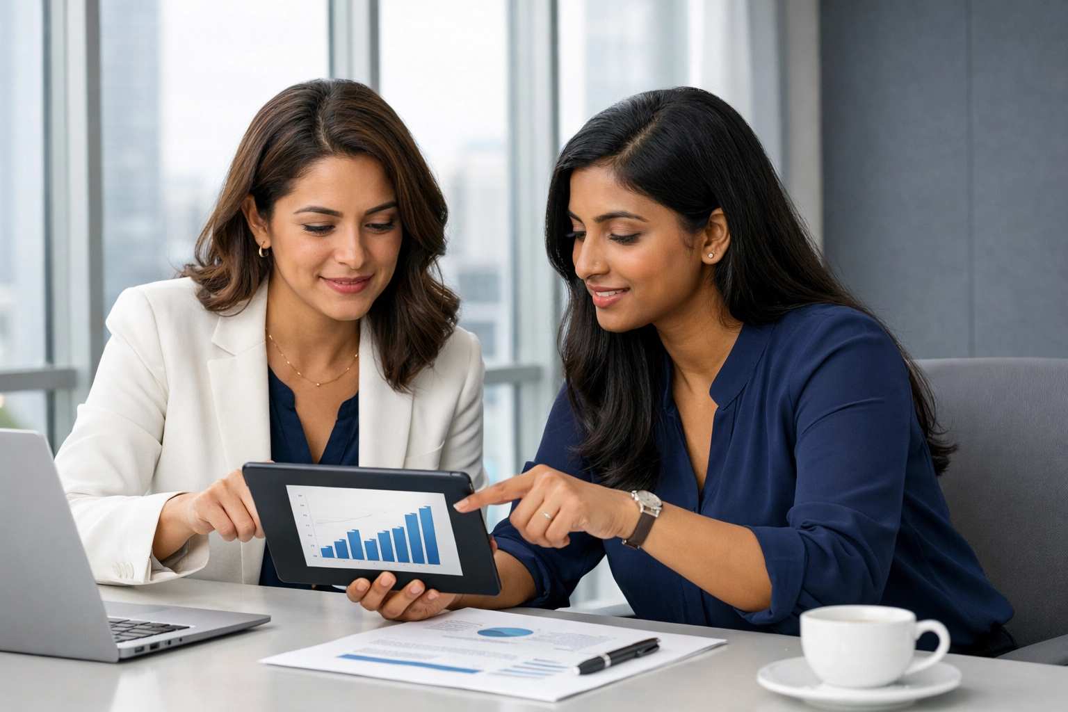 Diverse professional women discussing reasonable compensation and S-Corp payroll requirements on a tablet.