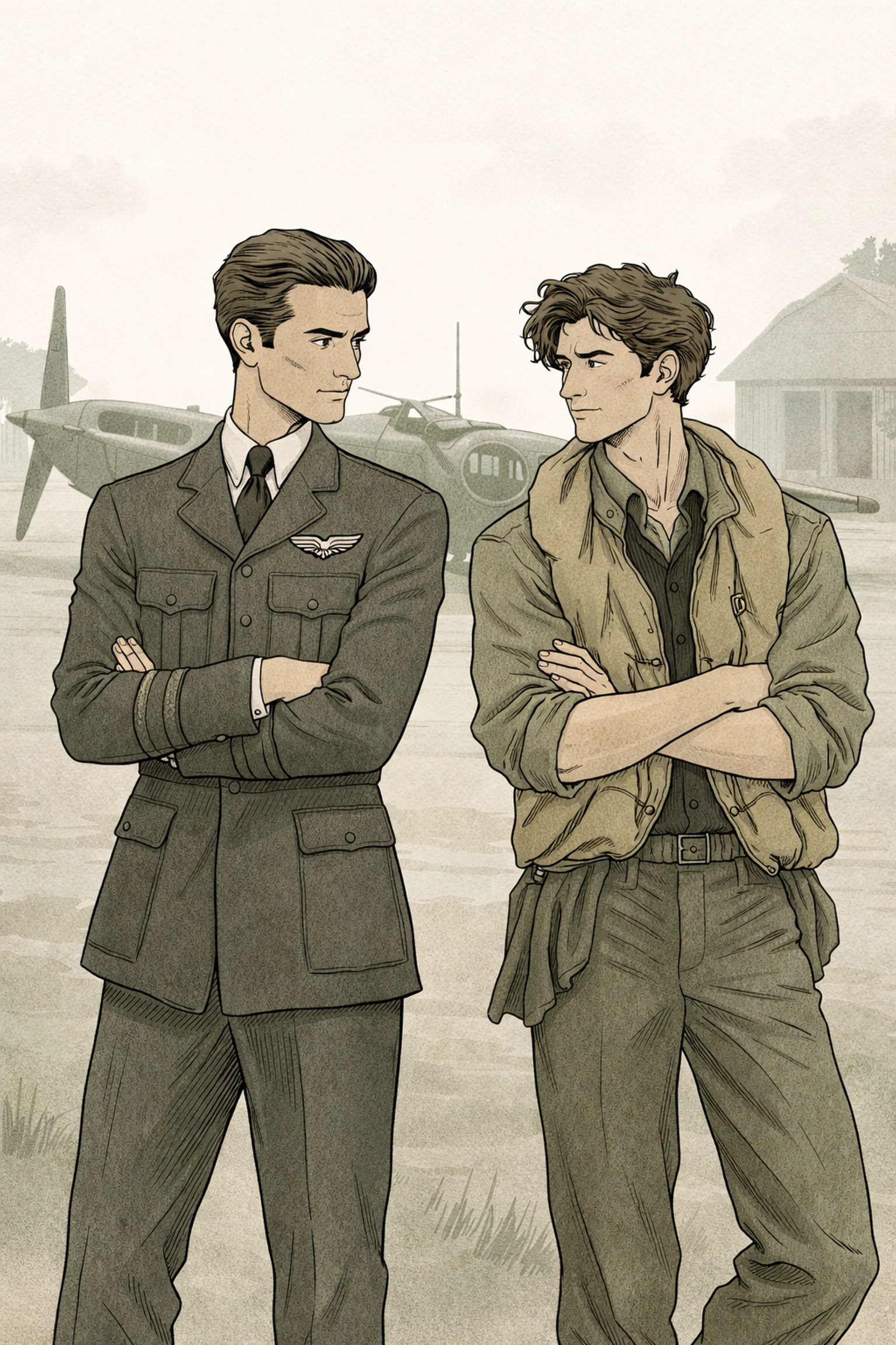 Two RAF pilots, one aristocratic and one working-class, stand tensely before a Spitfire in 1940s England, symbolizing class divide in MM romance.