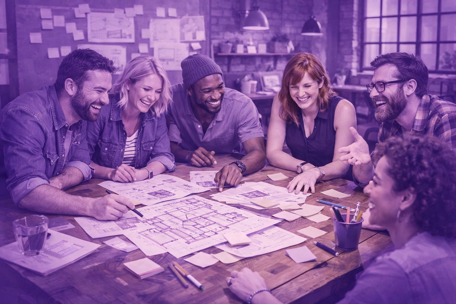 Creative agency team collaborating on strategy, freed from administrative tasks by AI automation.