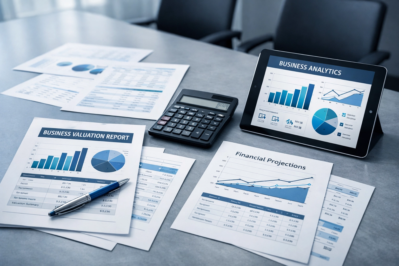 Business valuation documents with financial analytics for Alabama business sale pricing