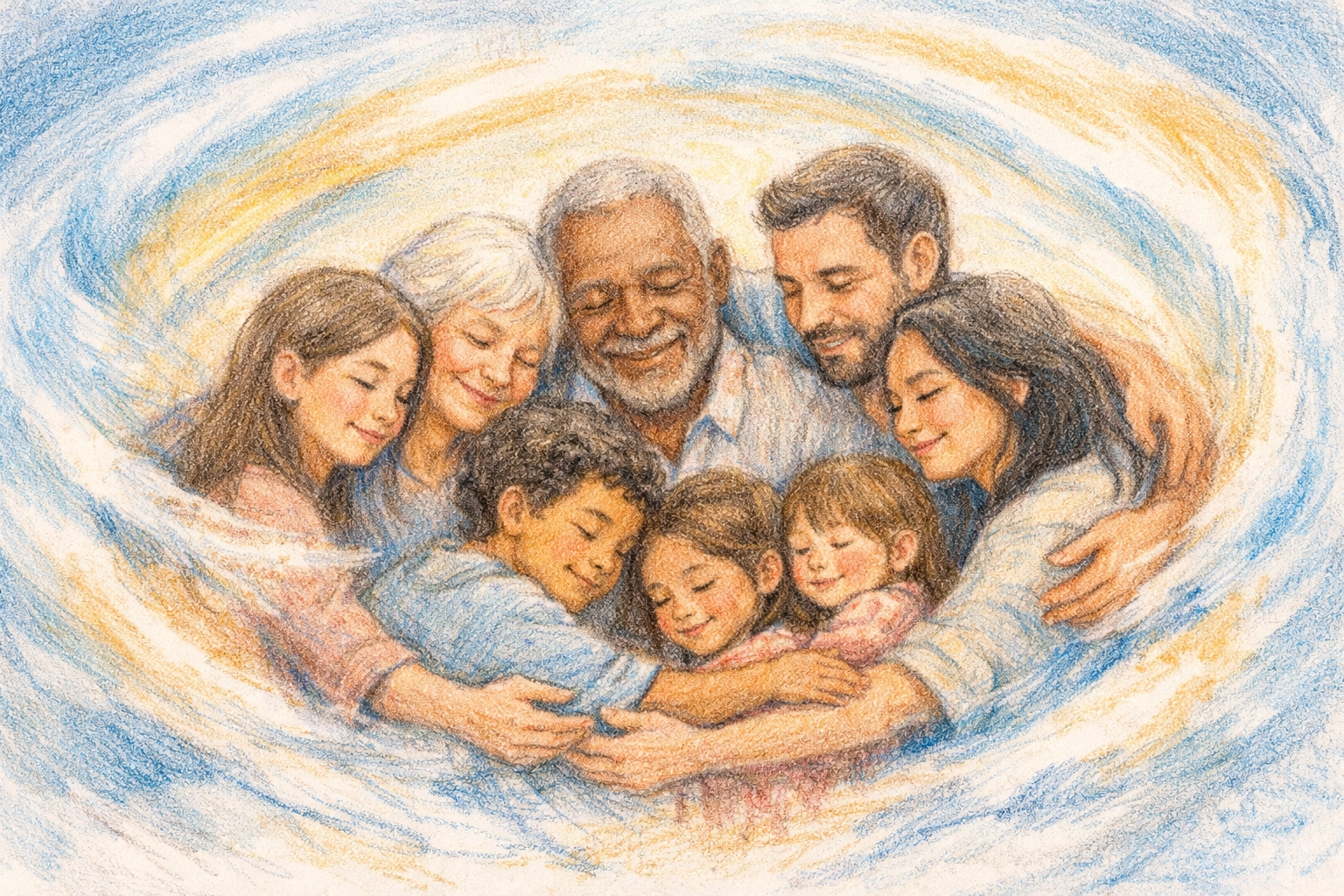 A diverse family in a warm embrace representing the protection and guardrails of Christian faith.
