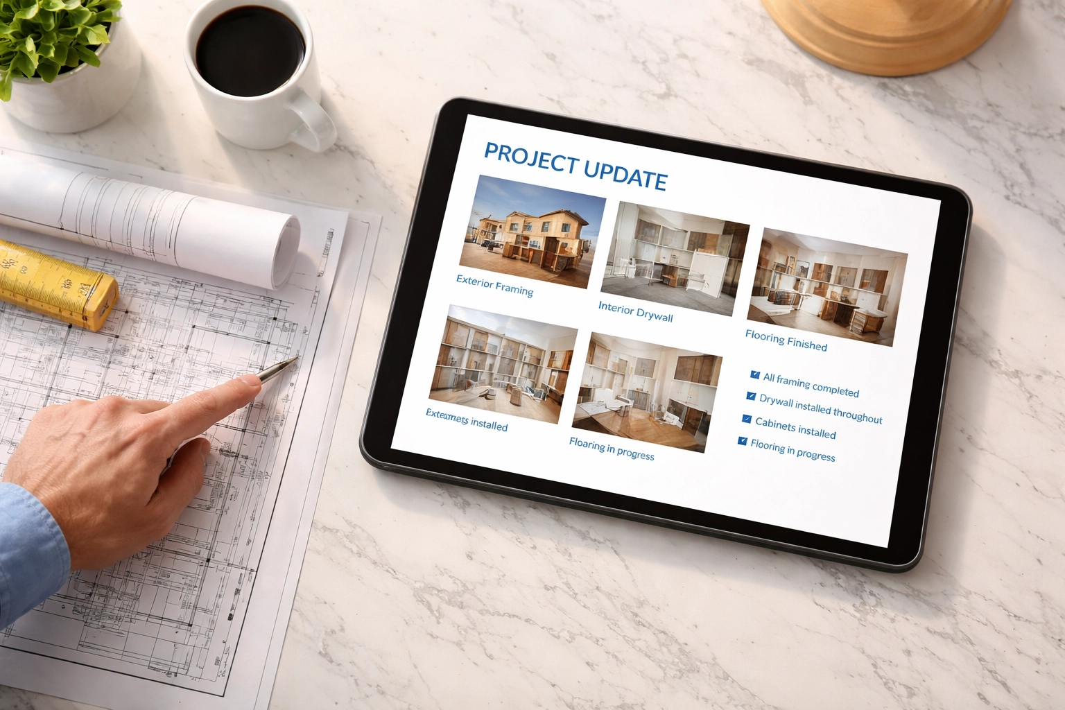 Tablet showing construction project updates and blueprints on a countertop, highlighting contractor communication in Orlando home renovations.