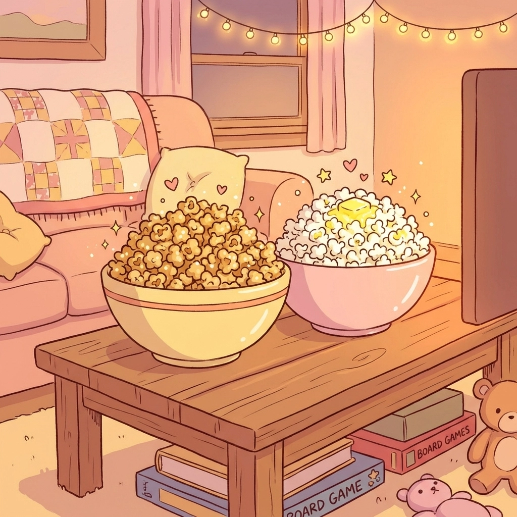 Two cartoon bowls of kettle corn and buttery movie popcorn on a cosy coffee table, perfect for allergy-friendly gourmet popcorn choices at home.