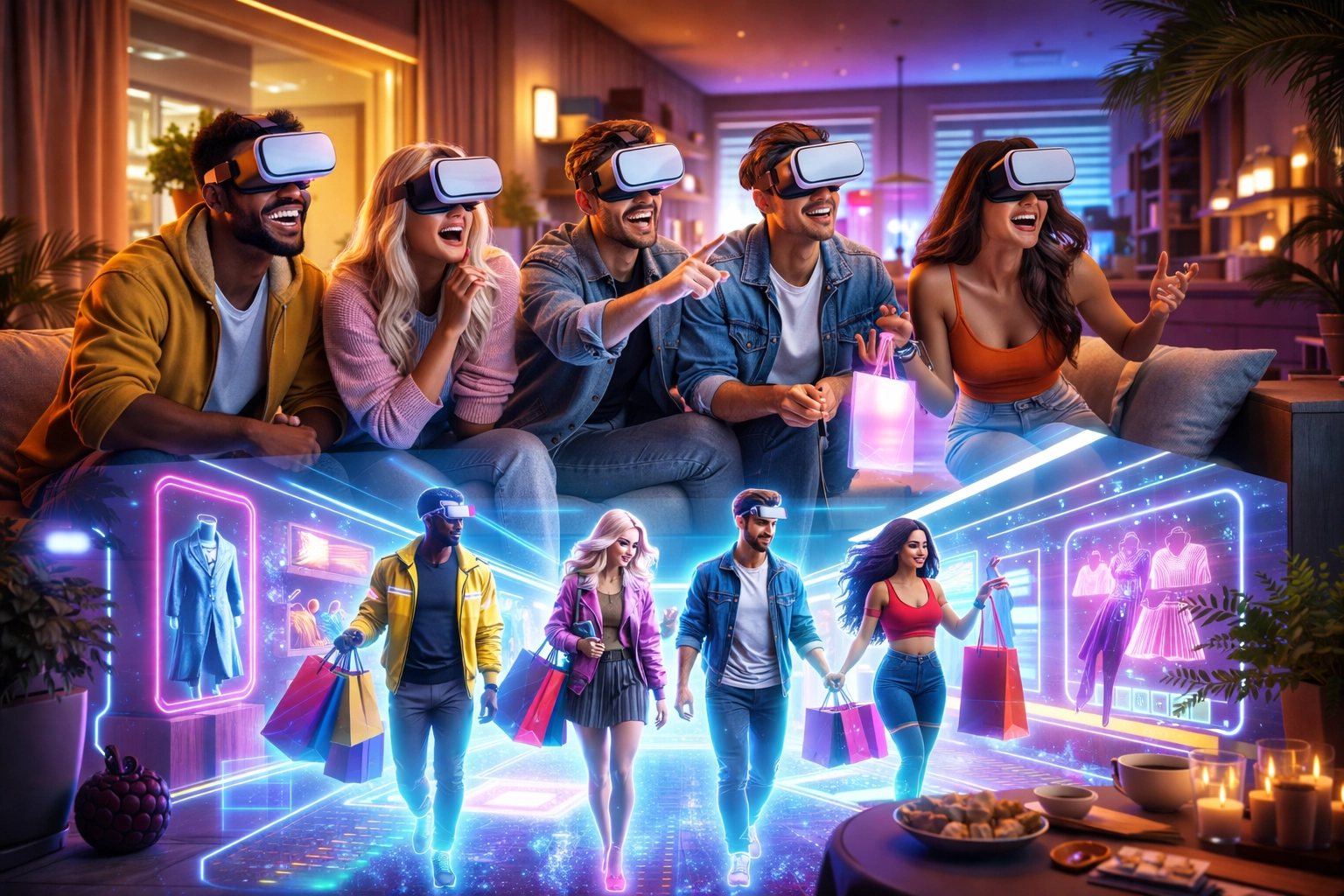 Friends using VR headsets shopping together in a virtual mall highlighting metaverse shopping and social commerce