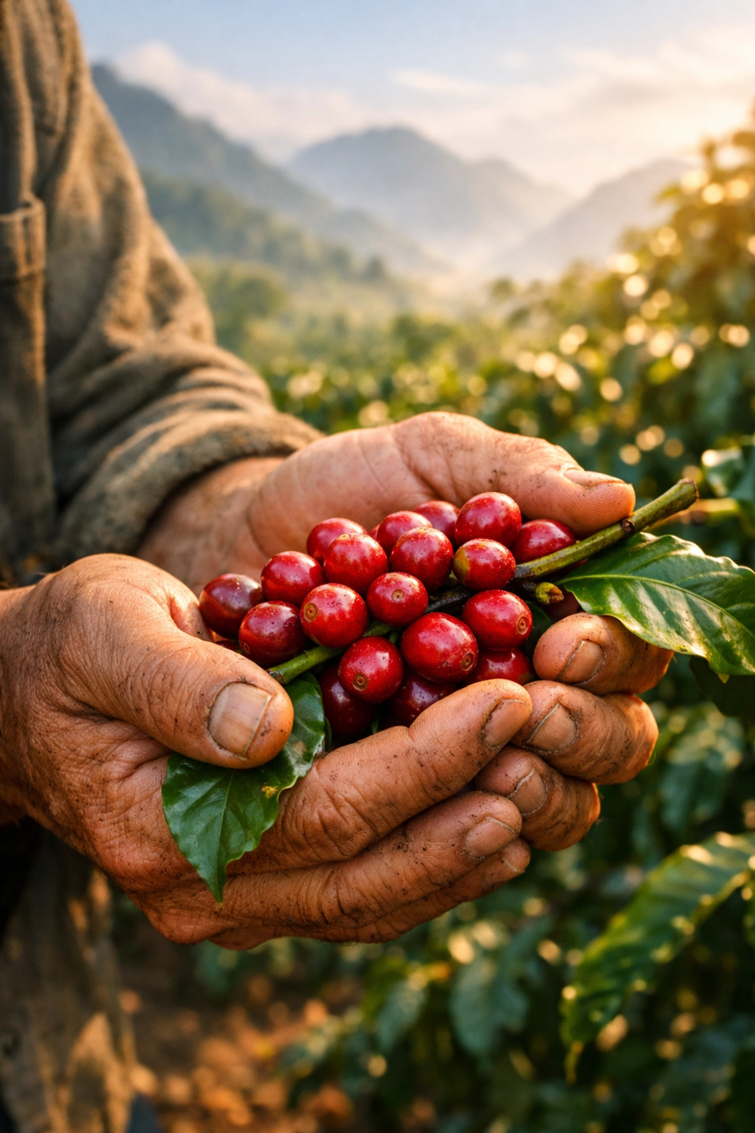 Farmer holding fresh red coffee cherries at a lush plantation in Vietnam.