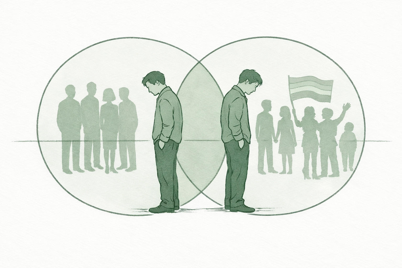 Bisexual man caught between straight and LGBTQ+ communities, illustrating bi-erasure and isolation