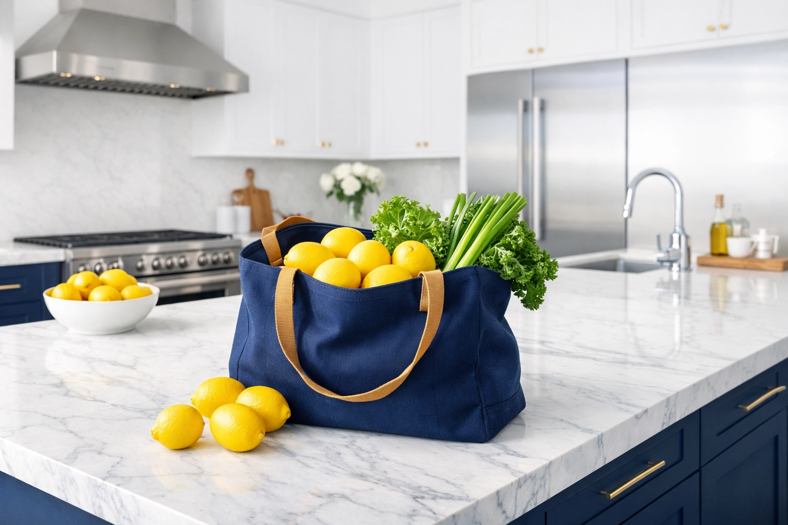 Clean reusable grocery bag with fresh lemons and greens on a white kitchen island.