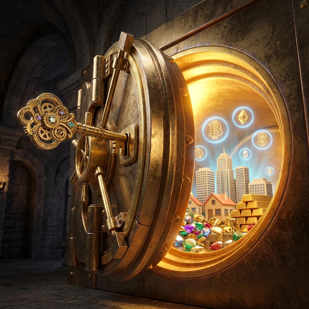 Golden key unlocking a vault full of assets including real estate, gold, and digital currency, illustrating access to exclusive investment opportunities
