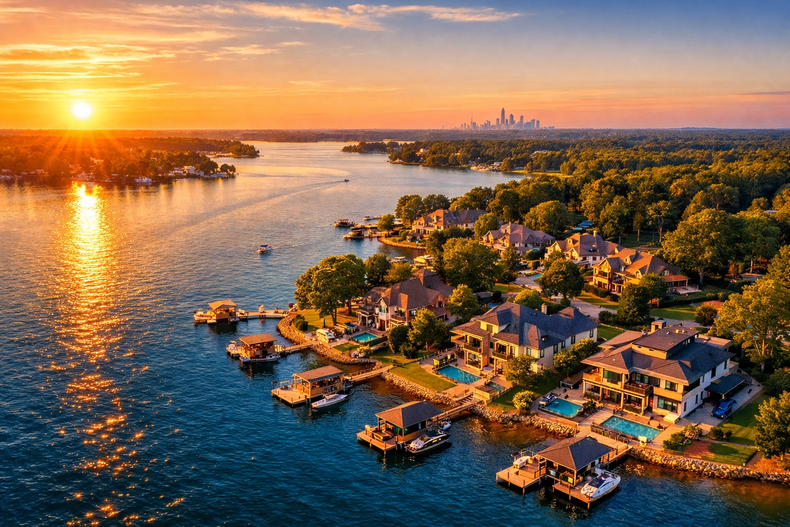 Aerial view of Lake Norman luxury real estate and waterfront homes for sale in Denver, NC.
