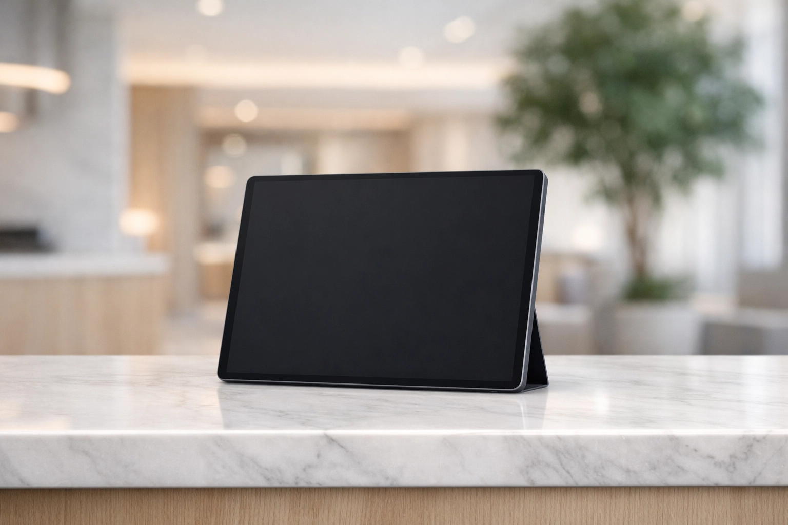 A tablet running cloud-native hotel management software on a modern marble reception desk.