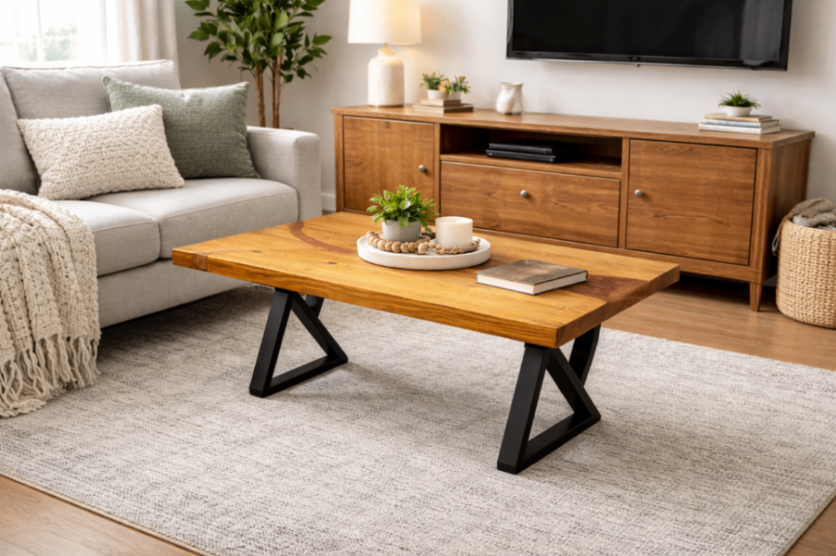 Living area featuring sustainably sourced wooden furniture and energy-efficient lighting