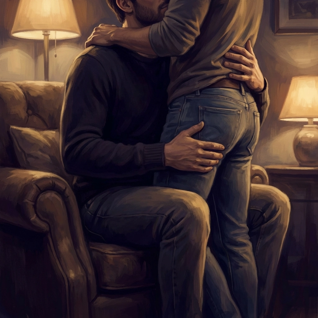 Artistic depiction of two gay men in a romantic embrace, emphasizing the strong lines of the lower body.