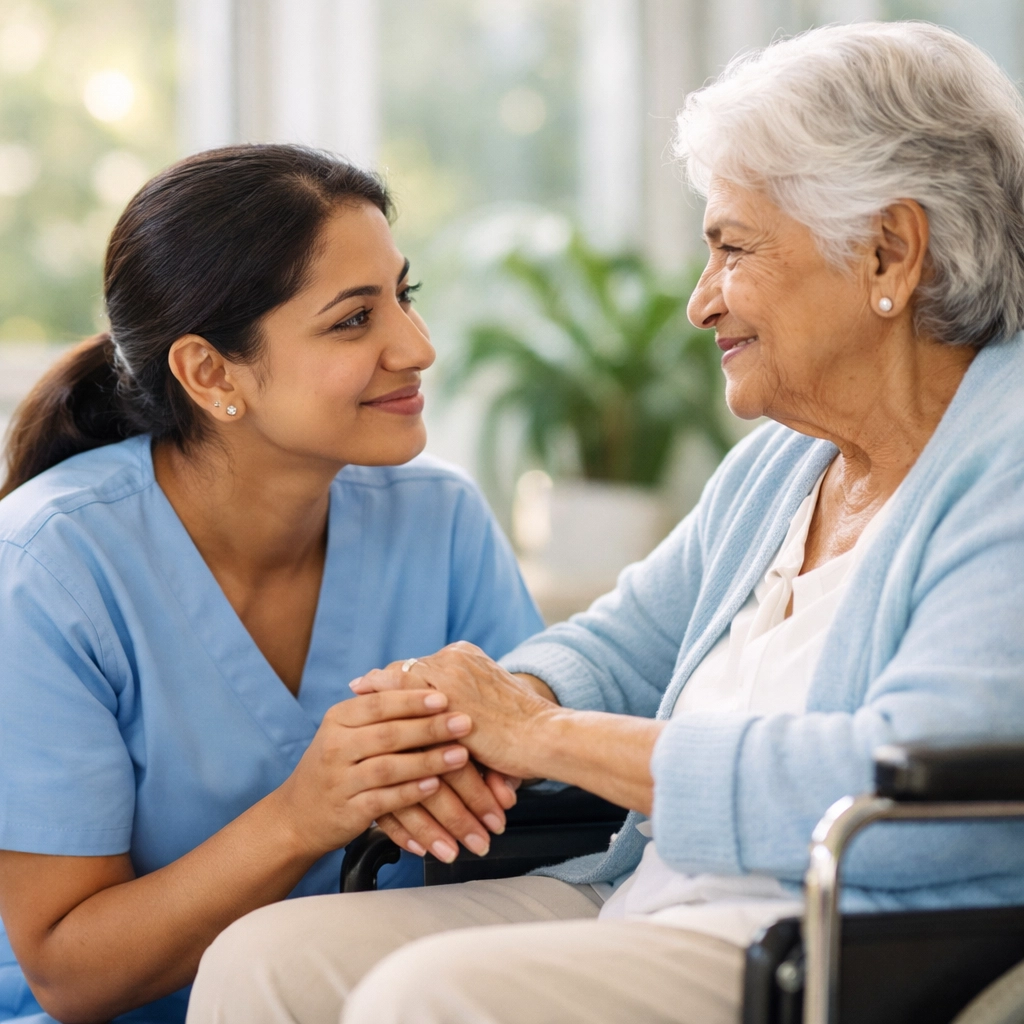 Diverse caregiver offering compassionate support to a senior in a wheelchair in a sun-filled room.