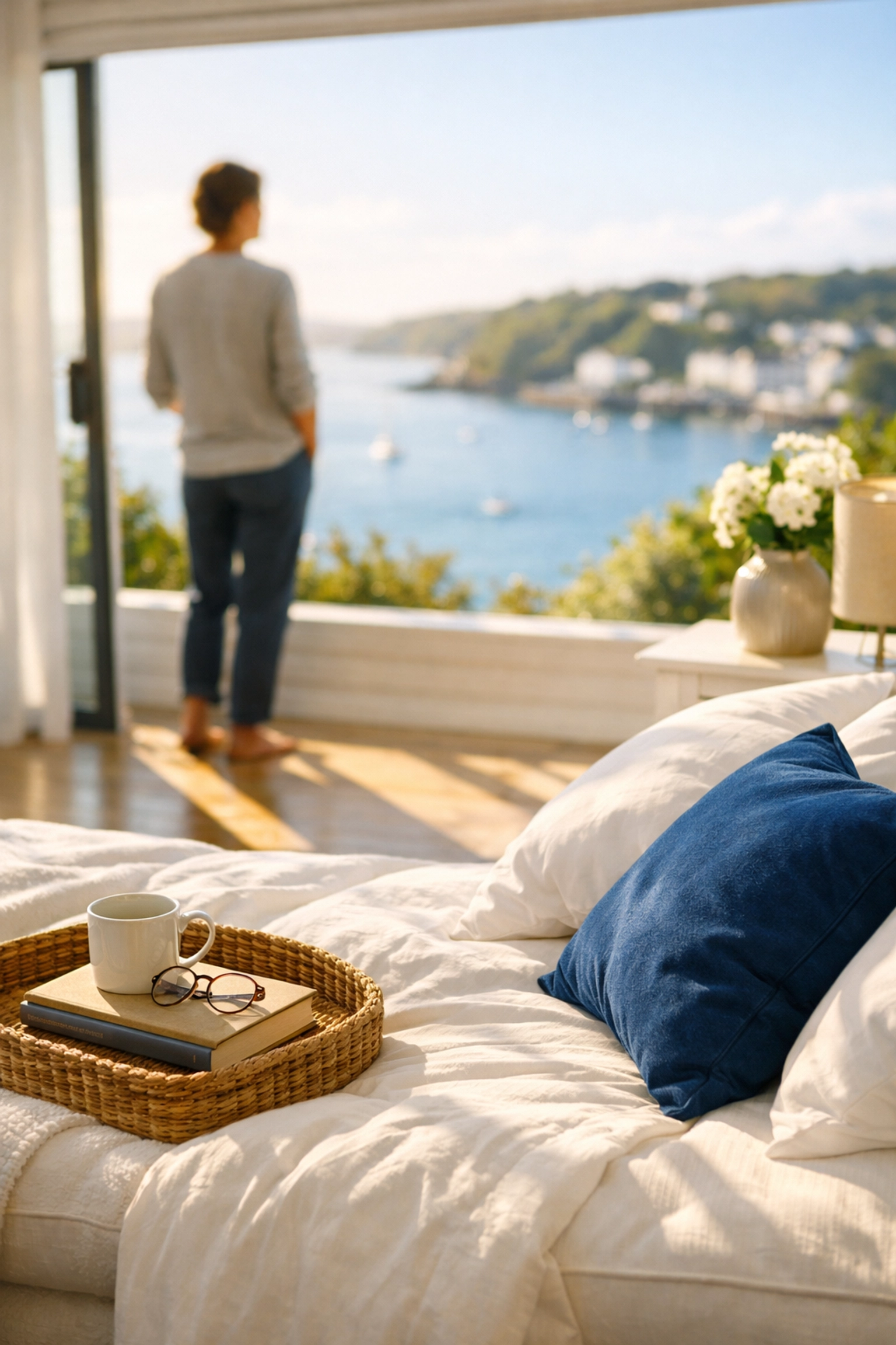 A serene, clean bedroom in Falmouth, providing peace of mind through professional house cleaning services.