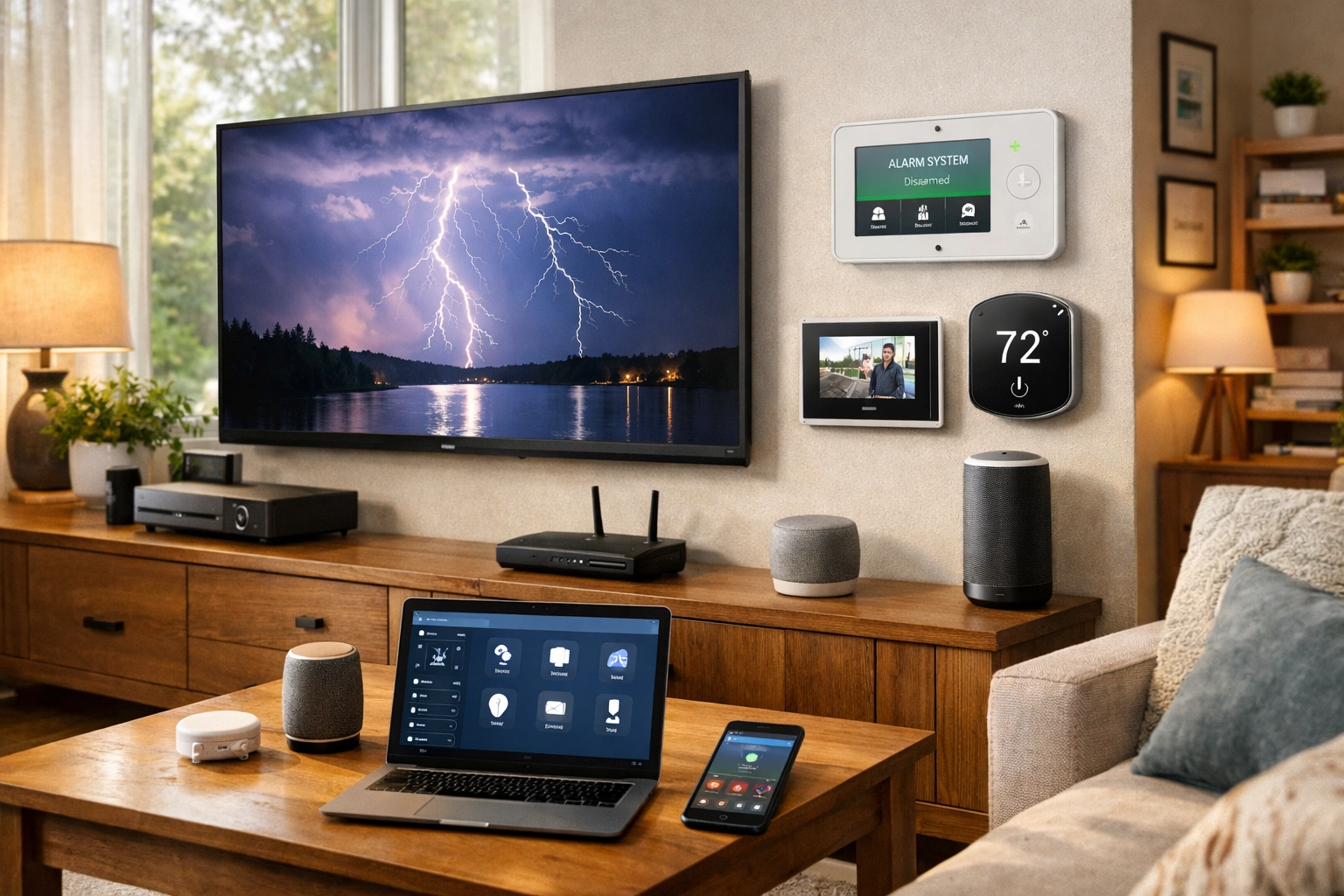 Modern living room with TV, smart thermostat, and electronics needing surge protection