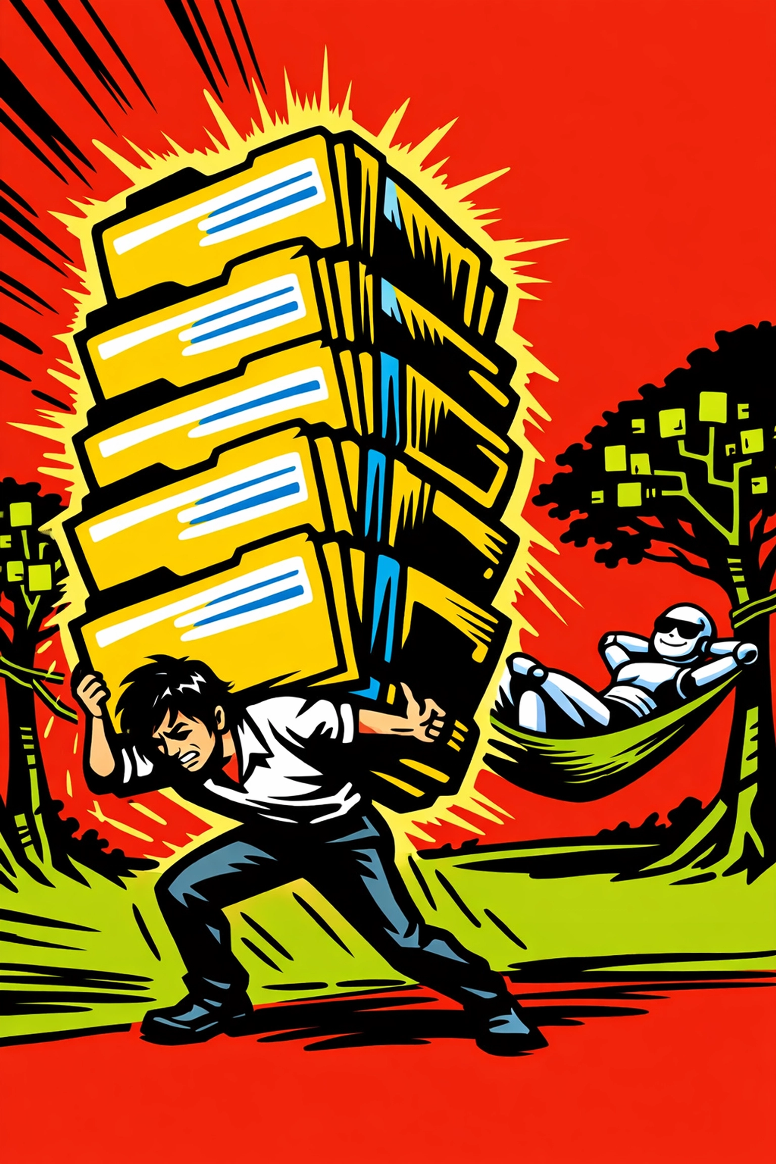 A person carrying heavy data folders while a robot rests, showing inefficient AI virtual assistant setups.