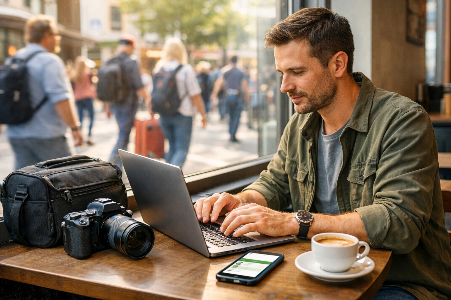 Photographer at a cafe managing ProShoot.io bookings on laptop, building steady client flow