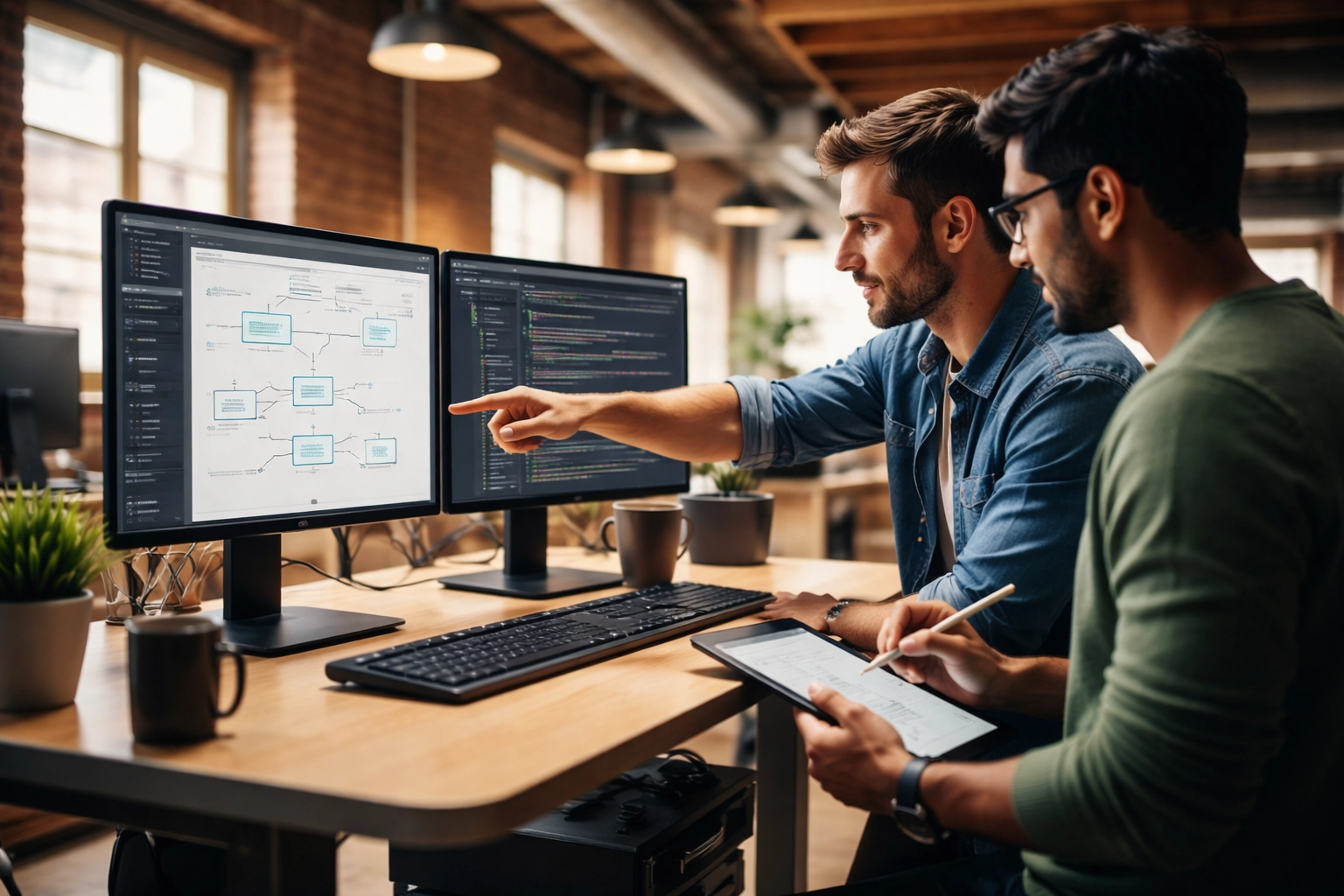IT professionals collaborate at a standing desk to implement technical governance and streamline ServiceNow management.