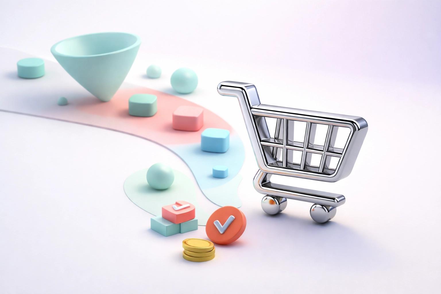 Icône de panier d’achat entourée de formes colorées, symbolisant le funnel de conversion e-commerce et la transformation du trafic en vente en Tunisie