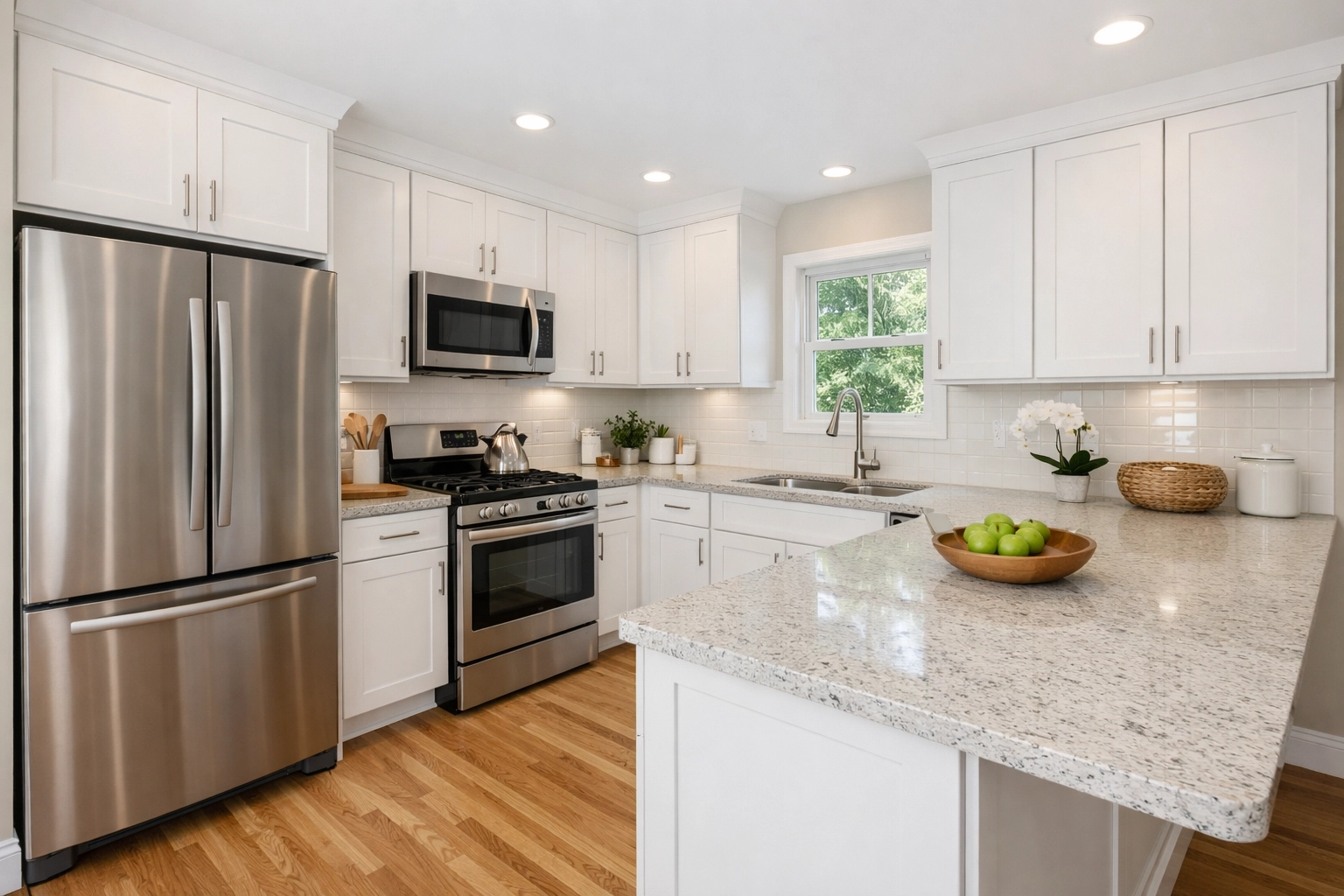 Modern kitchen featuring granite countertops and stainless steel appliances, perfect for move-in ready homes in the Triad NC area.