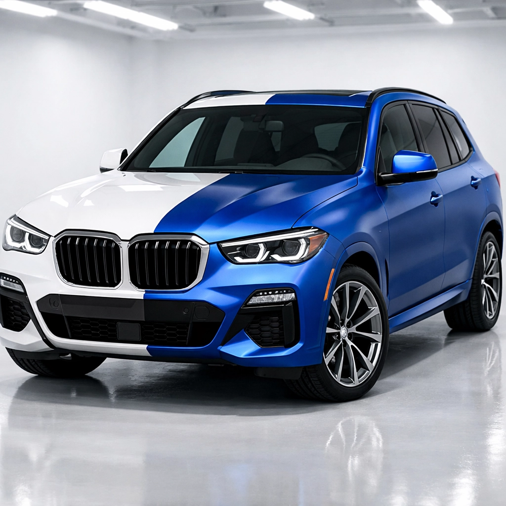 Luxury SUV split view showing a white paint finish and a custom matte blue vinyl vehicle wrap.