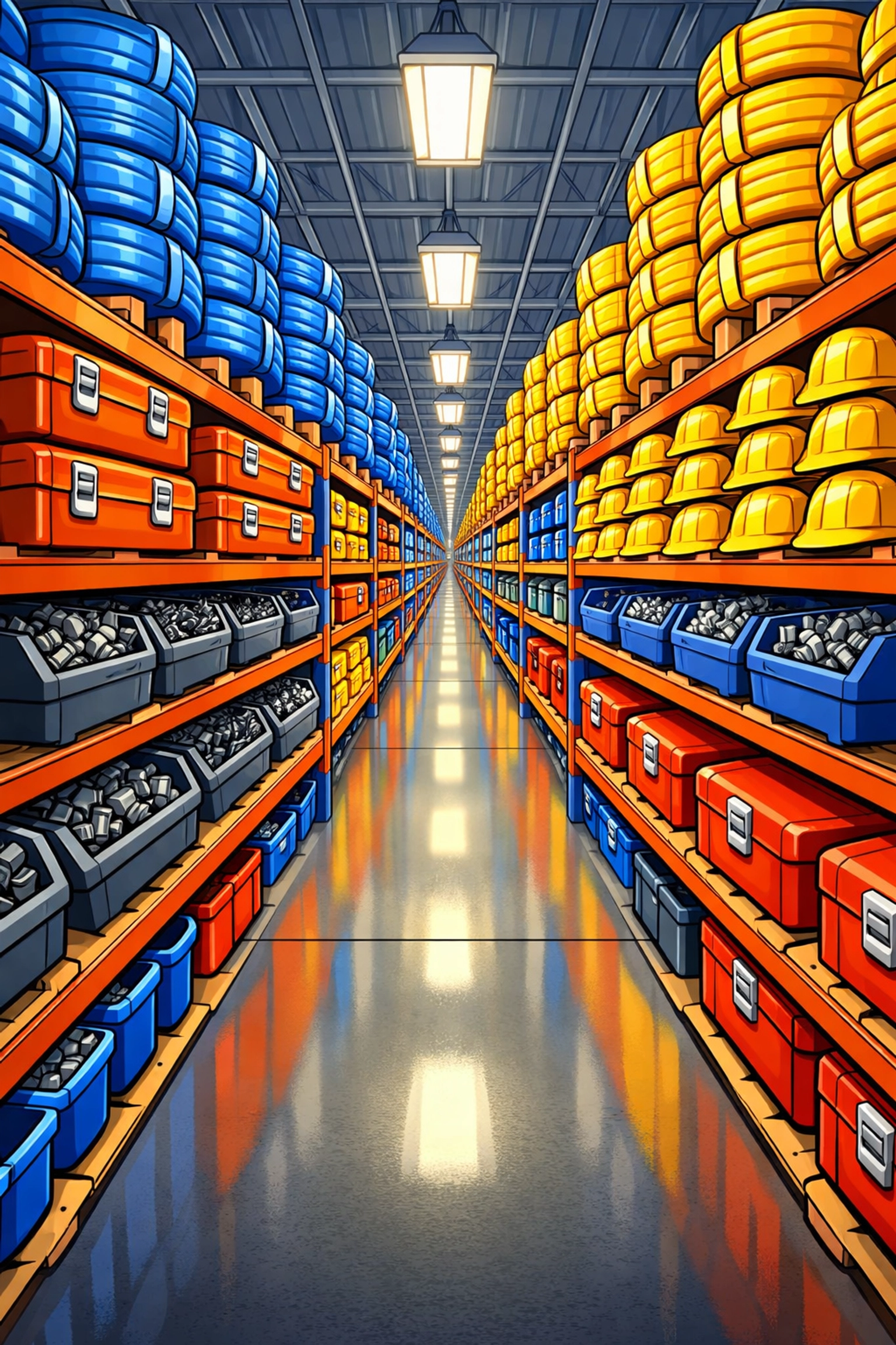 Organized warehouse aisle with a wide selection of building supplies, safety gear, and plumbing tools.