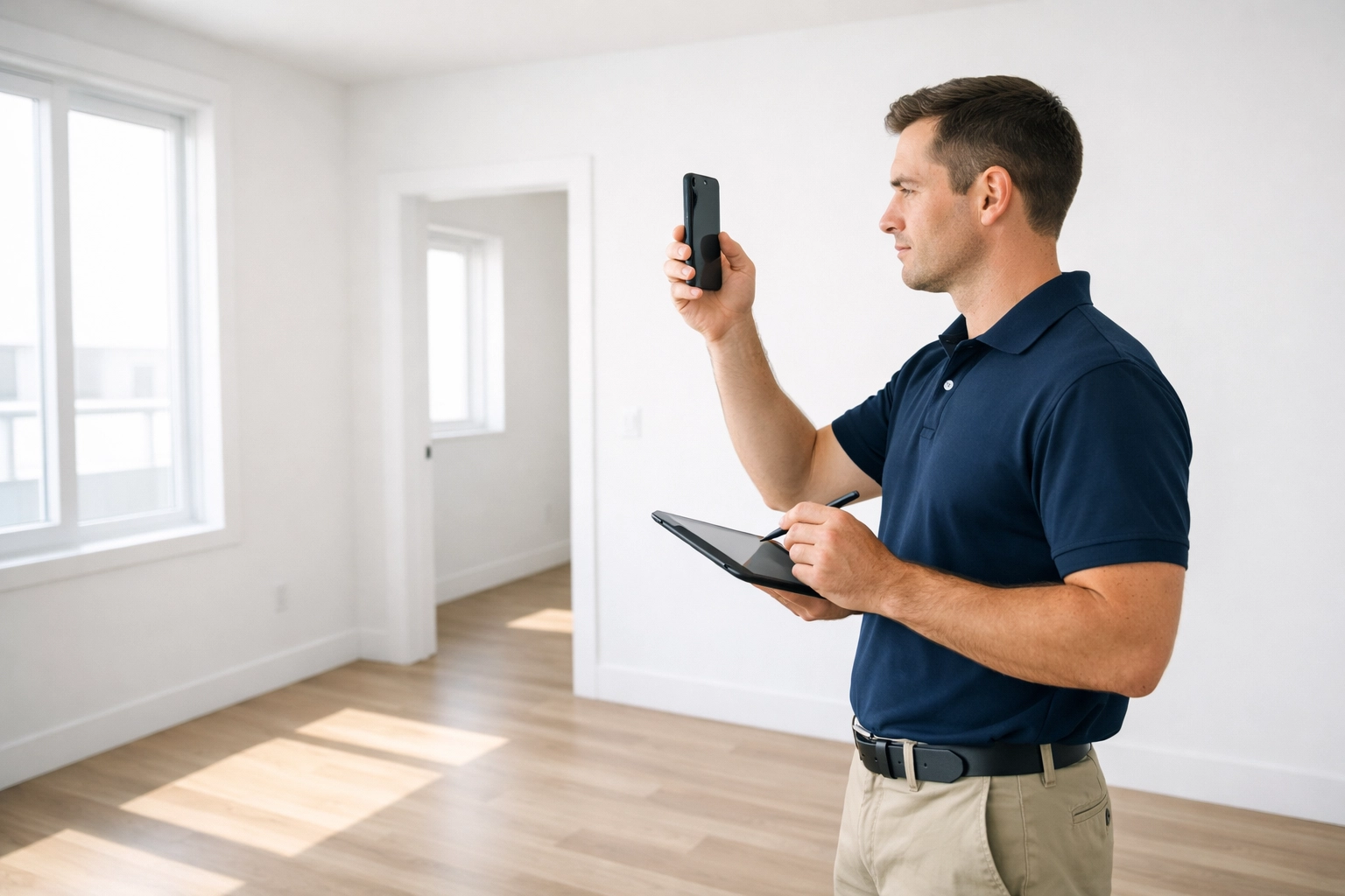 Property manager conducting apartment walkthrough inspection with smartphone and tablet
