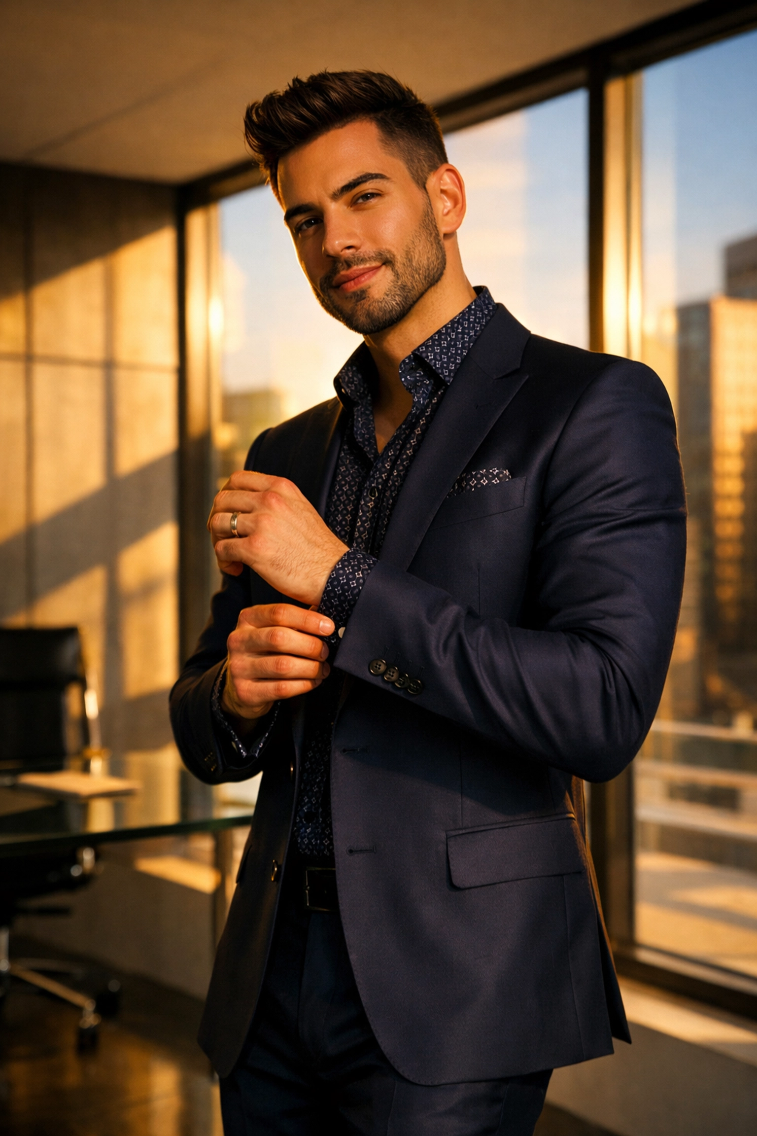 Gay man in tailored navy suit at modern office embodying workplace confidence