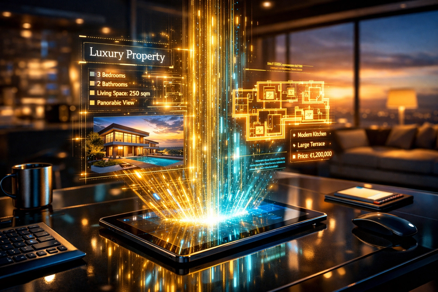 KI-gestützte Exposé-Erstellung für professionelles Immobilien-Marketing auf einem digitalen Tablet.