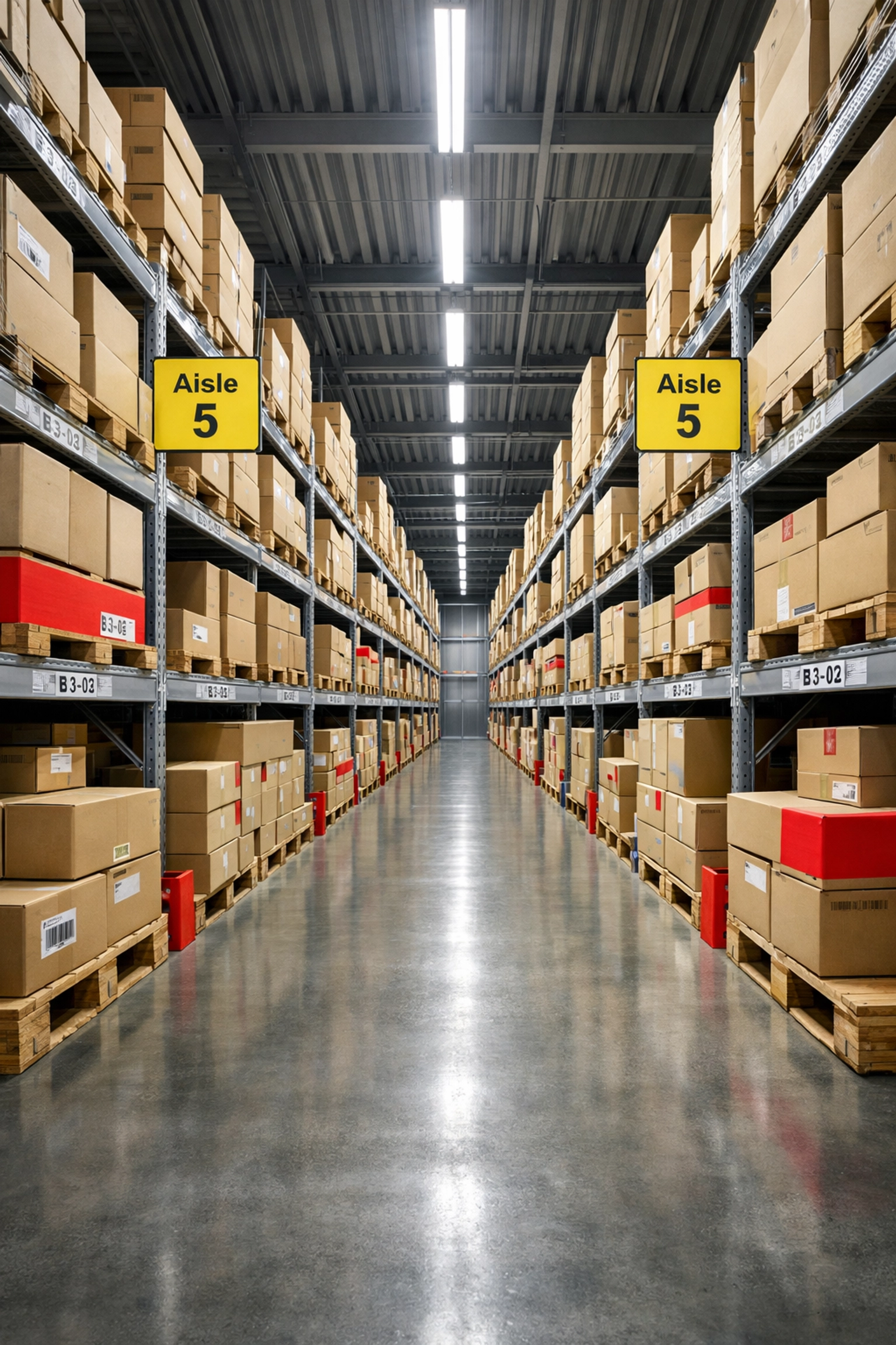 Modern warehouse interior with organized shelving and inventory storage in Hertford