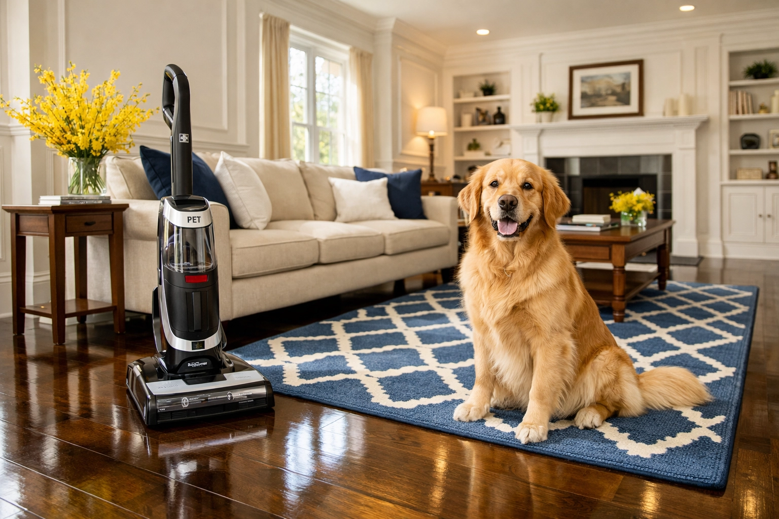 Fur-free hardwood floors in a Harvard home with a Golden Retriever and a pet-specific vacuum.
