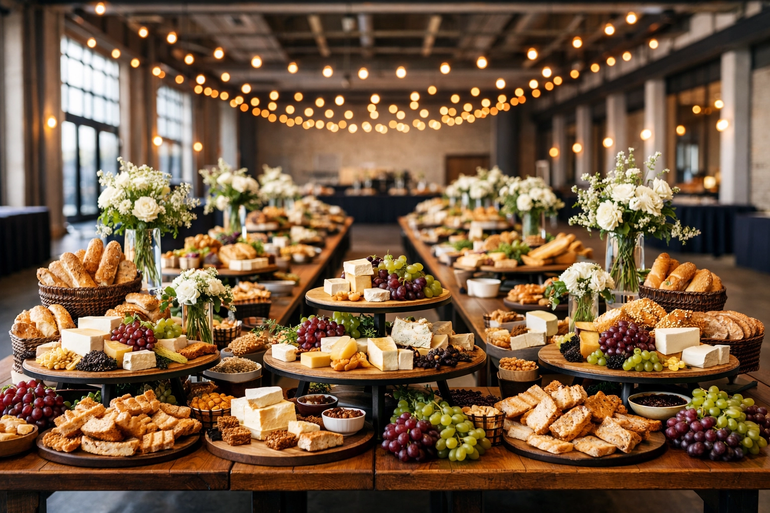 Professionally styled catering food display with cheese and fruit platters at a modern industrial venue.