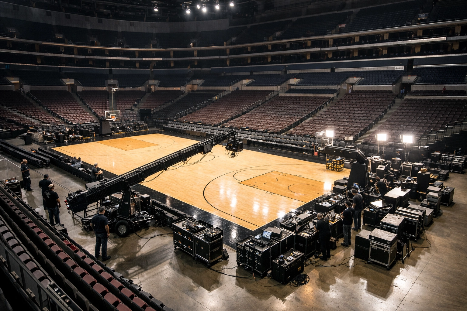 Strategic pre-production setup in a professional sports arena managed by a technical media team.