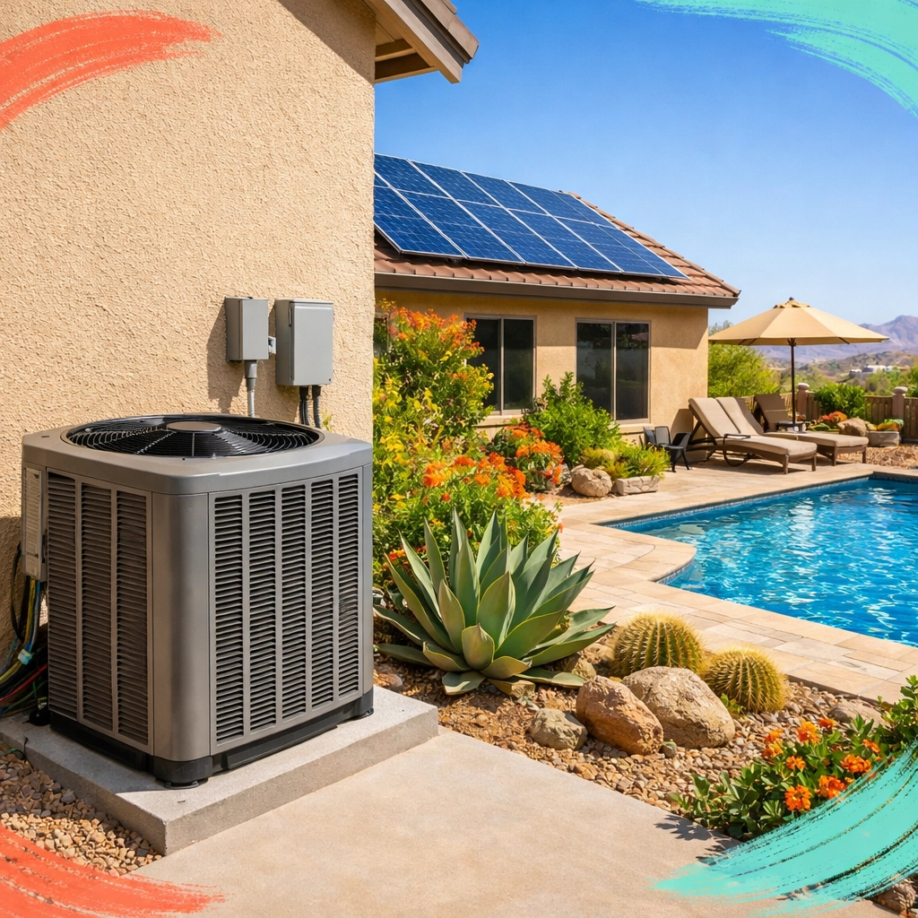 Modern Arizona home exterior showing HVAC unit, solar panels, and pool representing Economic Age factors