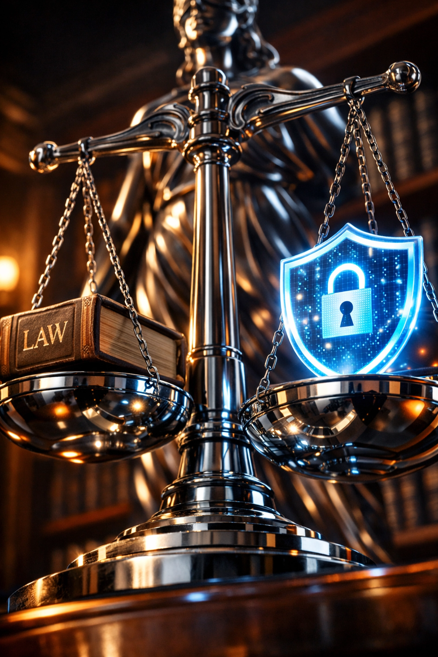 Balanza de justicia con libro de leyes y escudo digital de ciberseguridad para abogados.