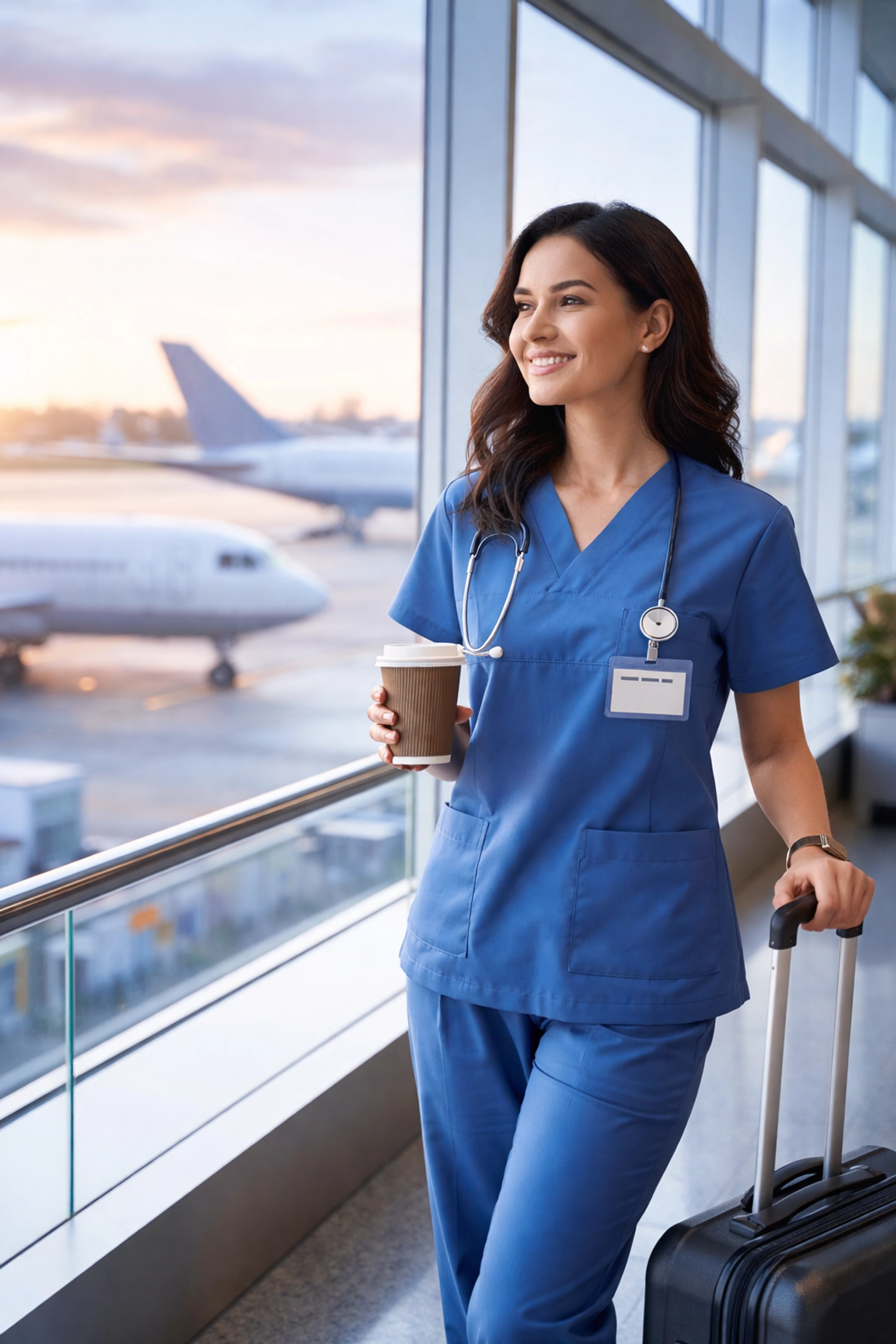 Female nurse in scrubs with suitcase at airport, symbolizing travel nursing adventure and nationwide opportunities.
