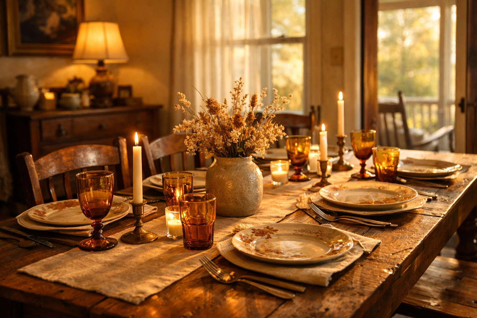 Cozy Southern dining table set for an intimate dinner party chef event with rustic decor and soft lighting.
