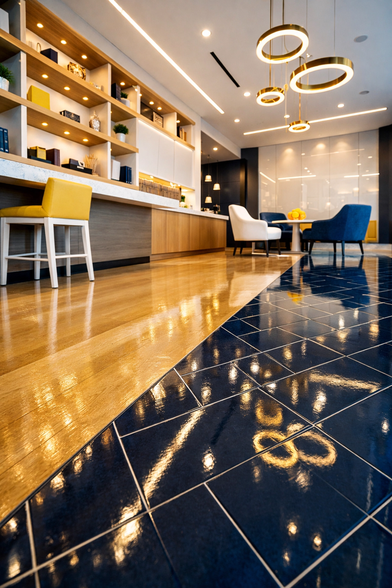 Expert commercial cleaning on polished hardwood and tile floors inside a luxury Massachusetts storefront.