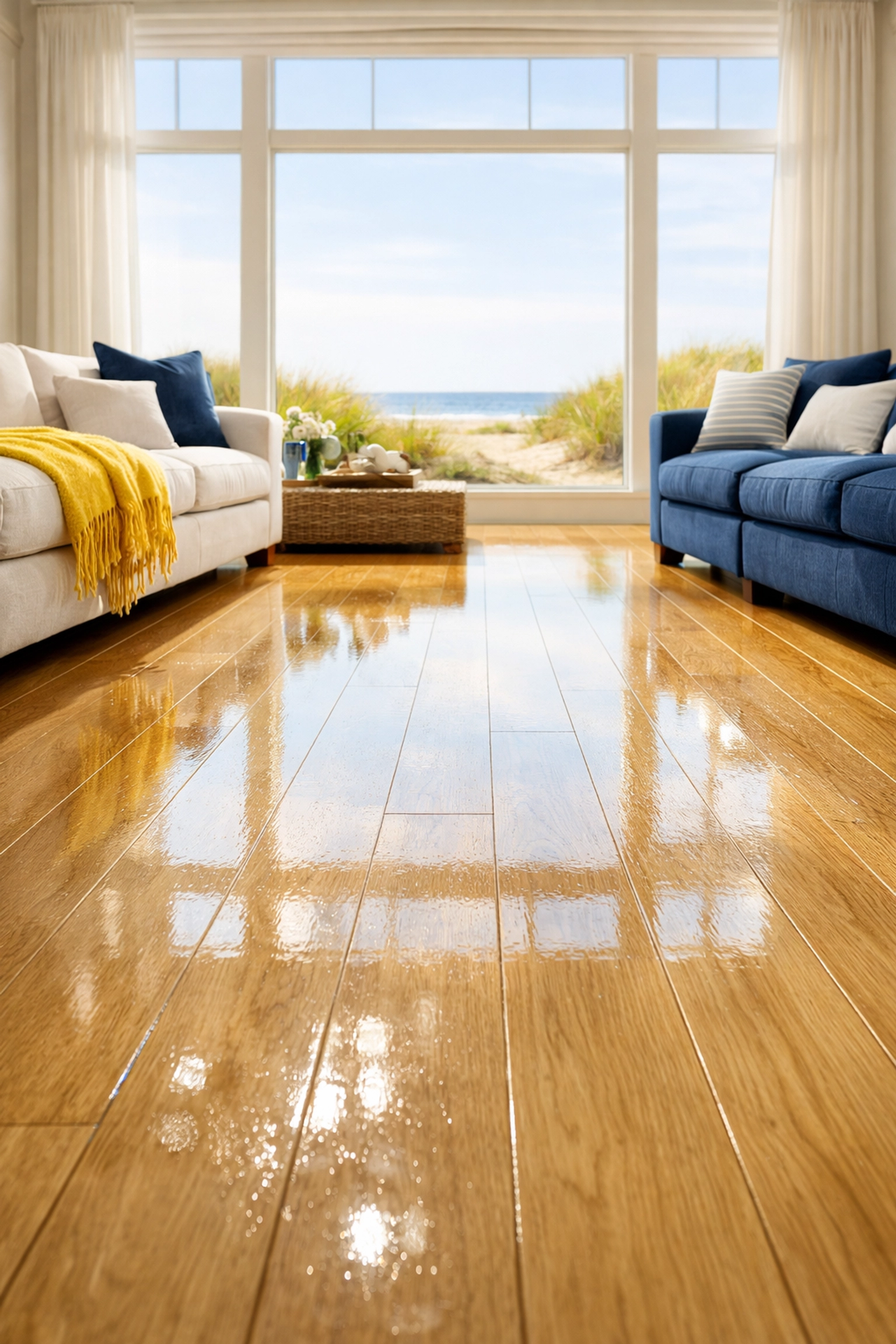 Spotless Duxbury beach house living room with polished hardwood floors free of sand and salt.