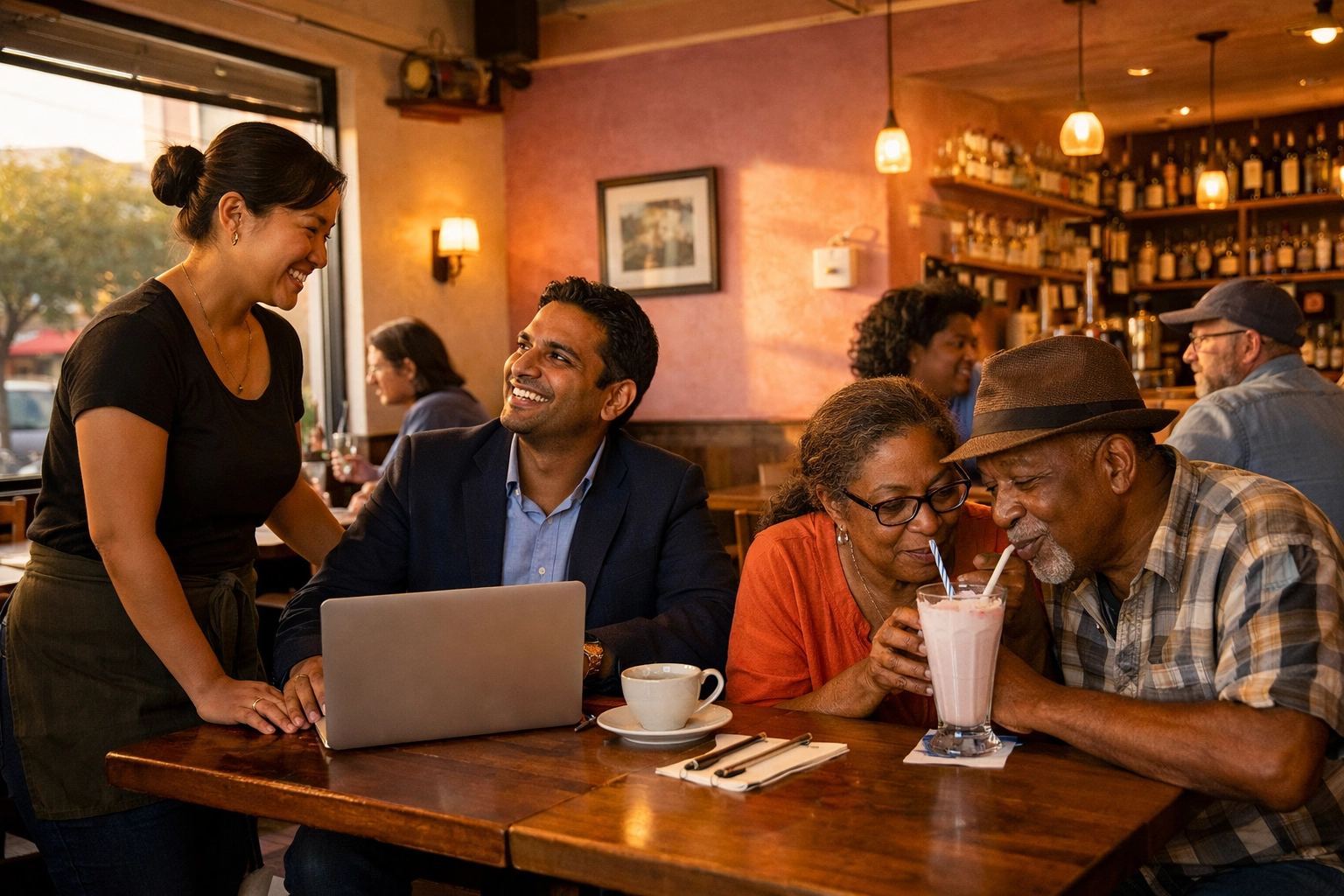 Vibrant community atmosphere and modern diner interior at Goldenette on the corner of 1601 Polk St.