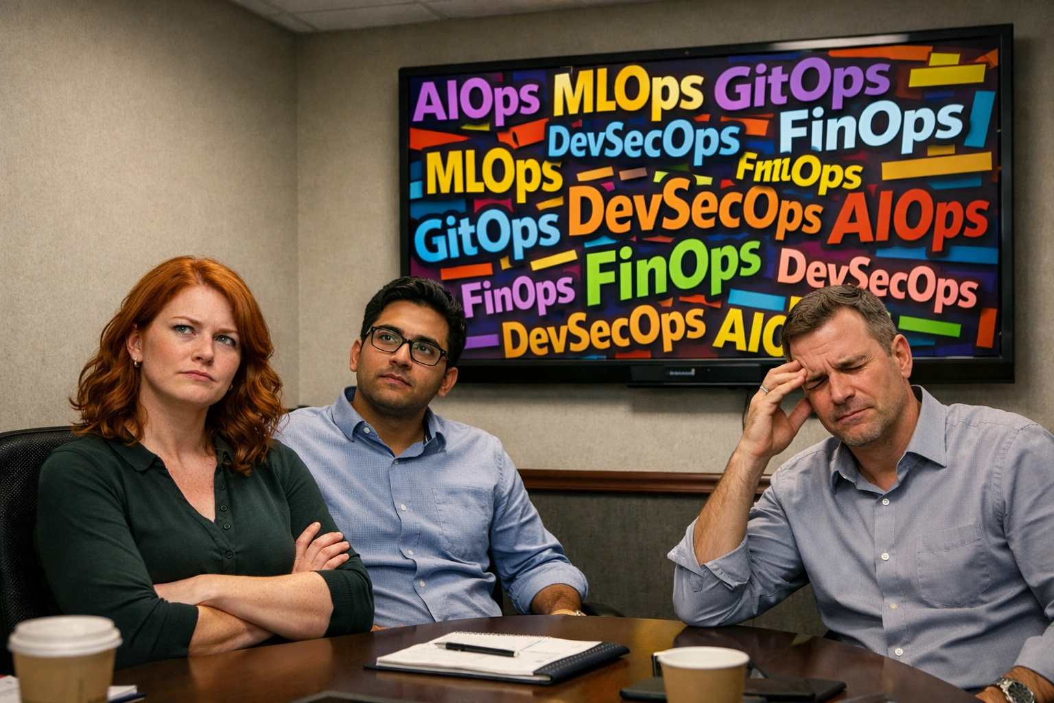 Team confused by overwhelming AI ops acronyms including MLOps, GitOps, and DevSecOps in meeting