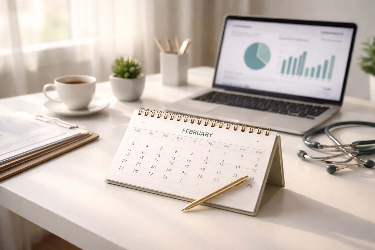 Healthcare administrator’s desk with calendar and compliance charts, representing Q1 2026 behavioral health compliance deadlines