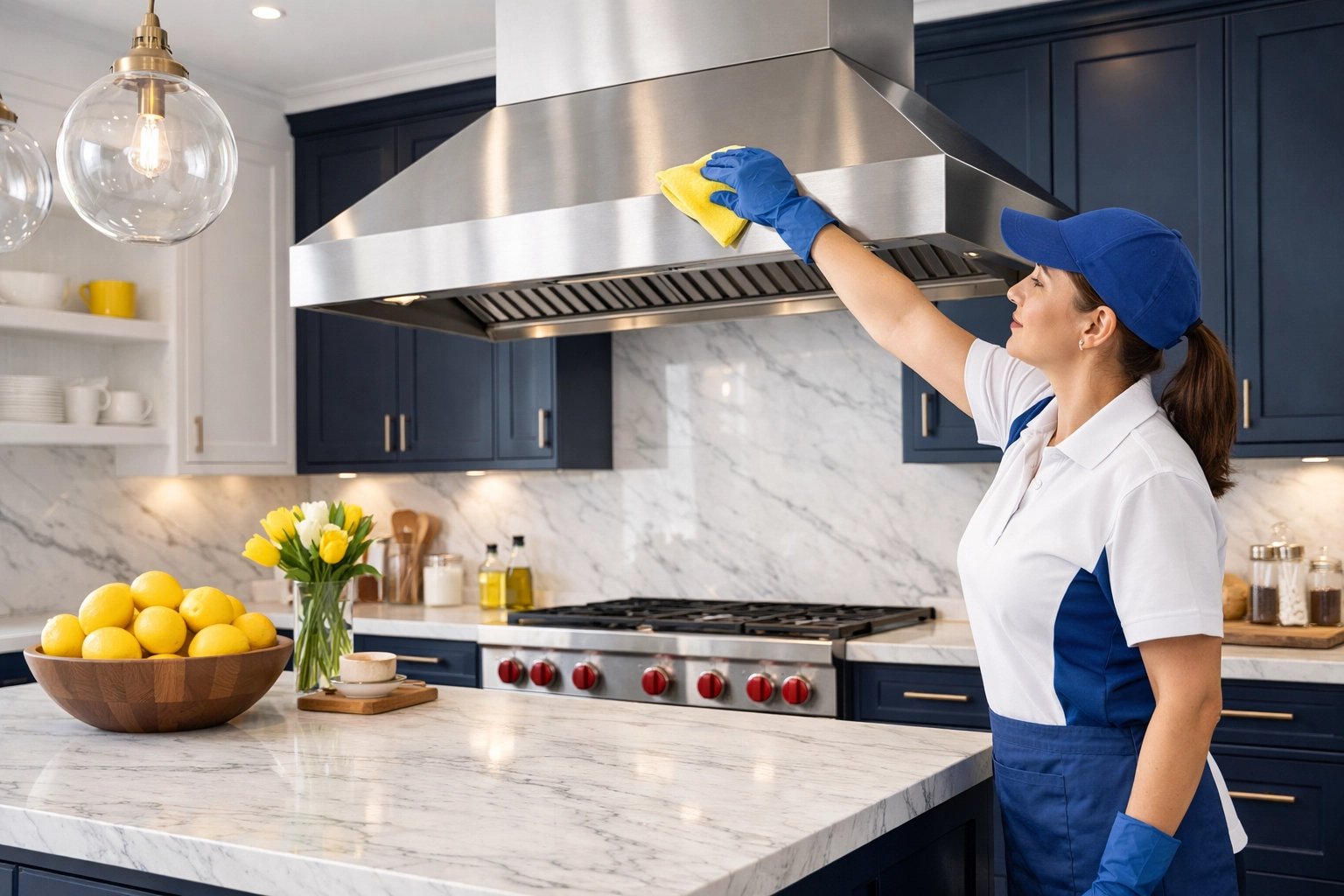 Professional cleaner performing deep cleaning Worcester services on a modern kitchen range hood.