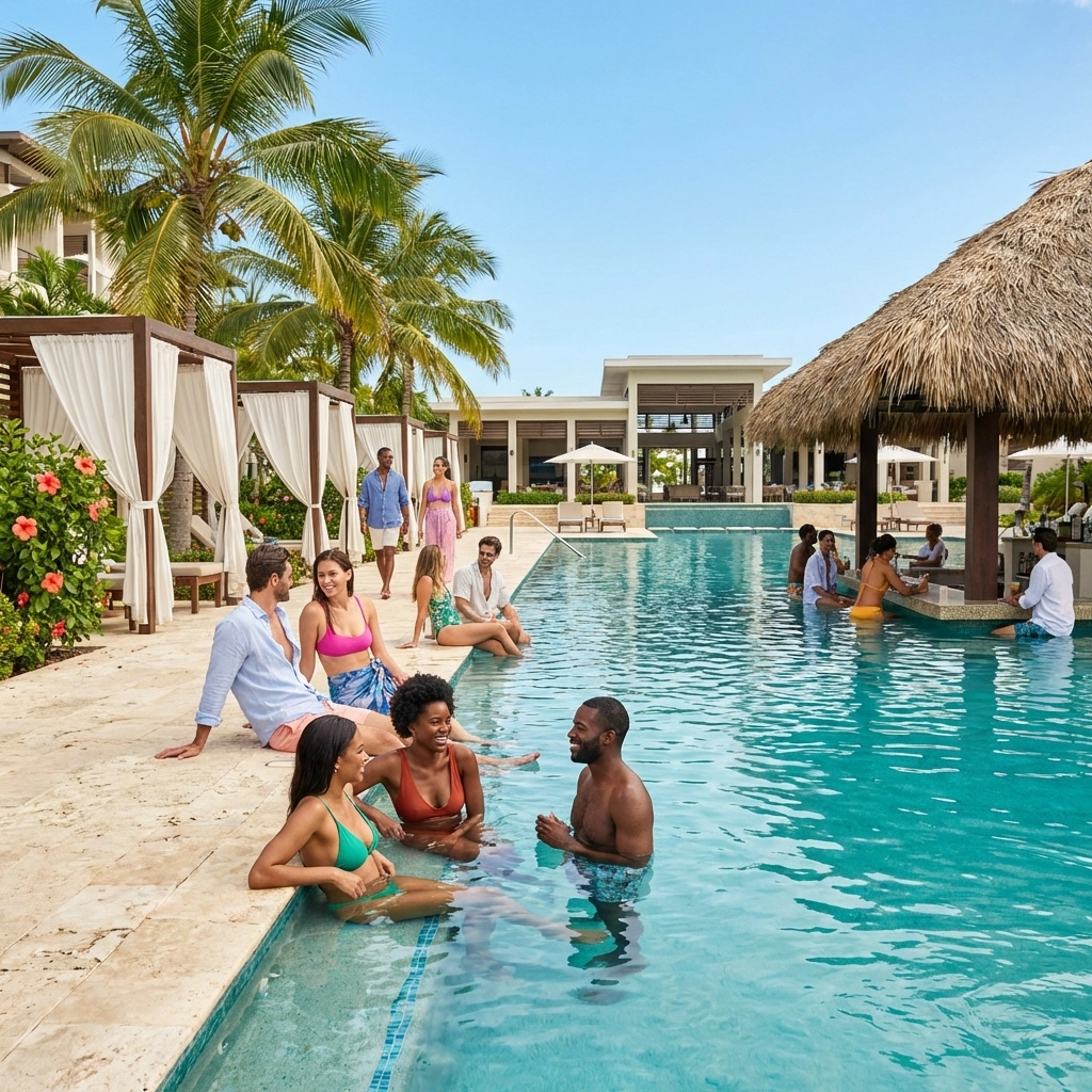 Lifestyle resort pool area with couples socializing at tropical Caribbean resort