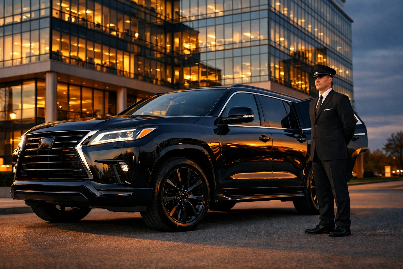 Professional chauffeur with luxury SUV for Fortune 500 executive transportation