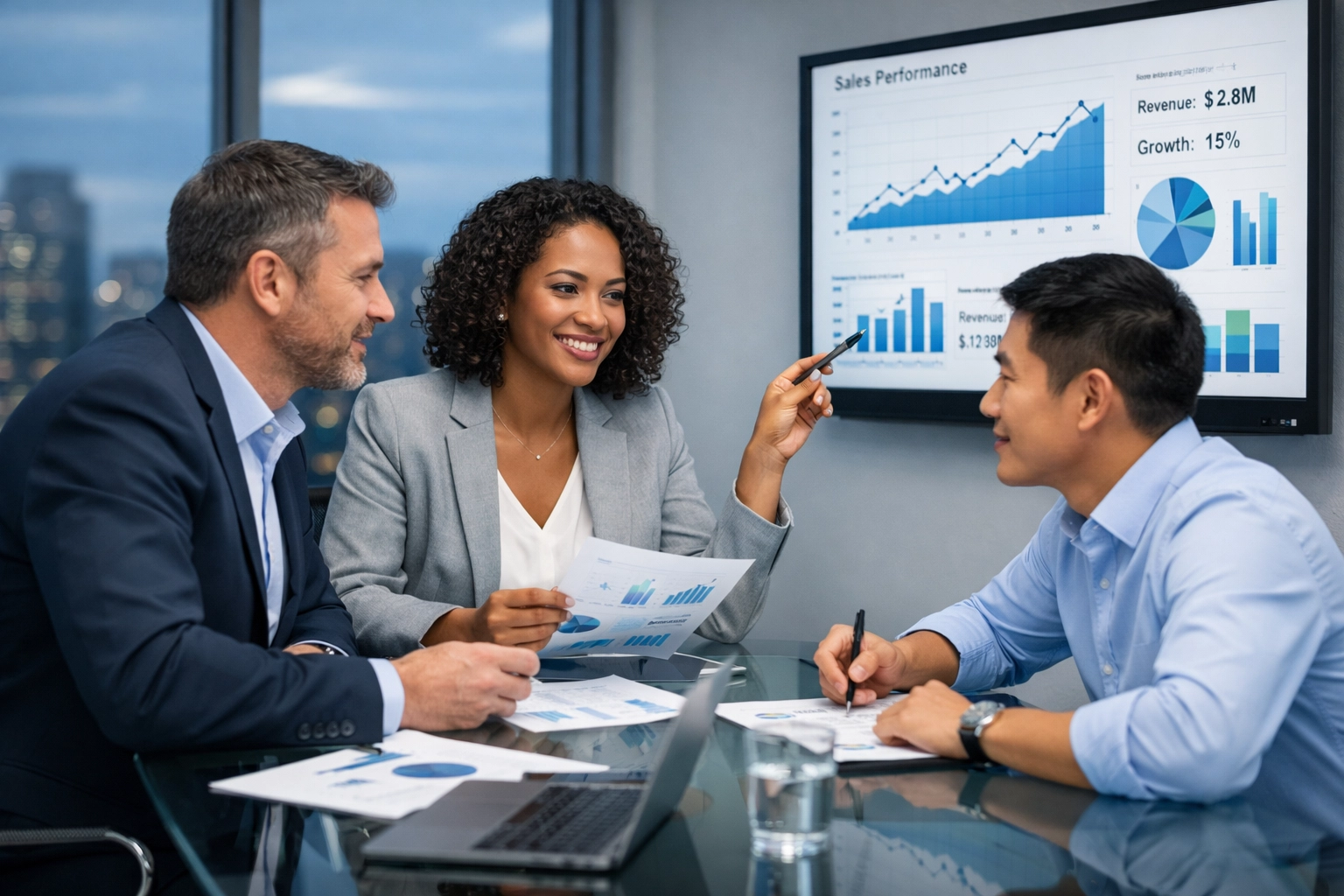 Investment professionals reviewing portfolio performance metrics and financial documents in meeting