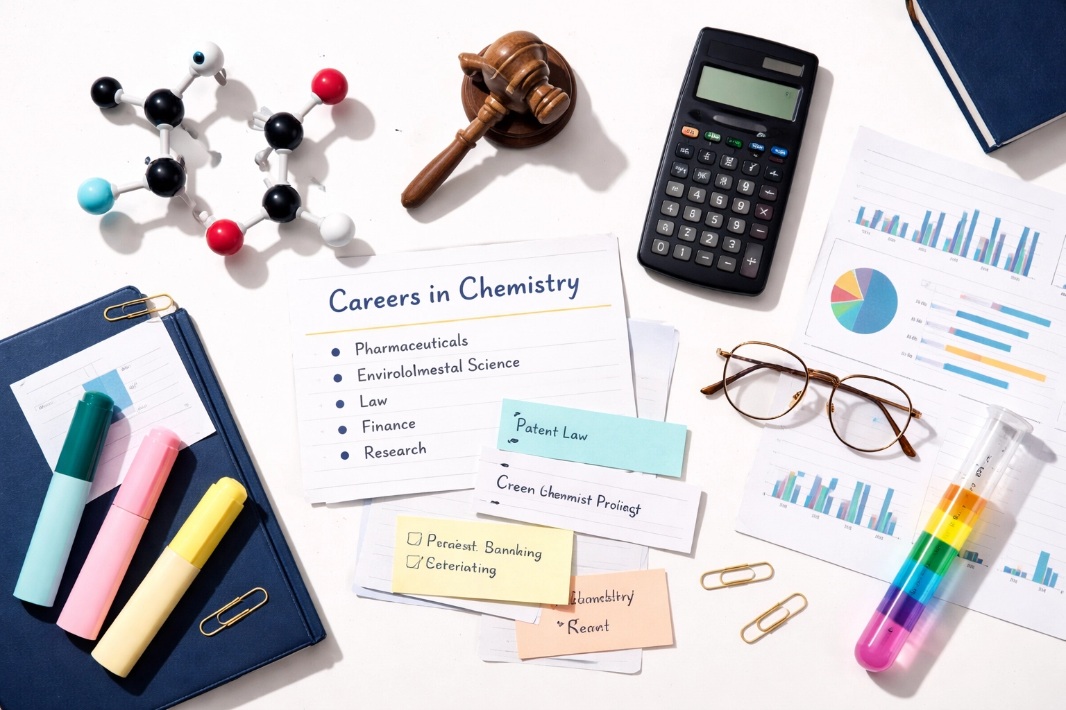 Flat-lay of chemistry degree career options with law, finance, and science elements on white background for GCSE success.